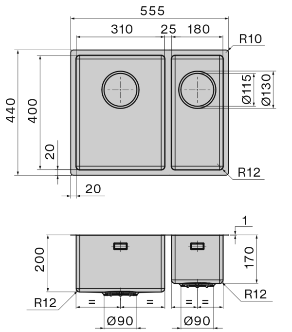 Falmec Zlewozmywak dwukomorowy COMO 31+18 Inox  SCO3118F.00#SSF