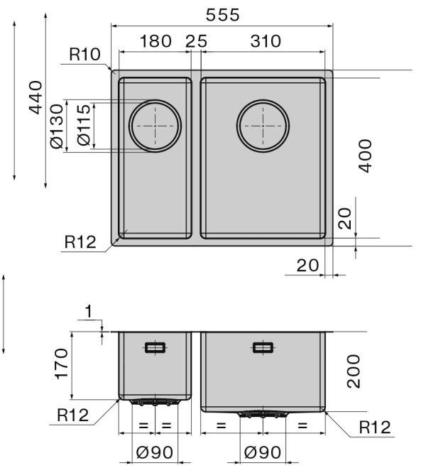 Falmec Zlewozmywak dwukomorowy COMO 18+31 Inox  SCO1831F.00#SSF