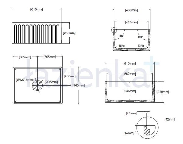 ISVEA ZESTAW ZLEWOZMYWAK RAVENNA 24" BIAŁY POŁYSK 610x460x258 + SYFON + KRATKA METALOWA